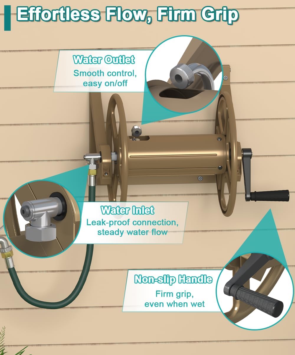 Artigarden Garden Hose Reel Wall Mounted, Outdoor Heavy Duty Powder Coated Metal Water Hoses Holder Winder Holds 125 ft 5/8" Hoses with 3.9ft Leader Hose, Stainless Steel Connector for Outside, Black