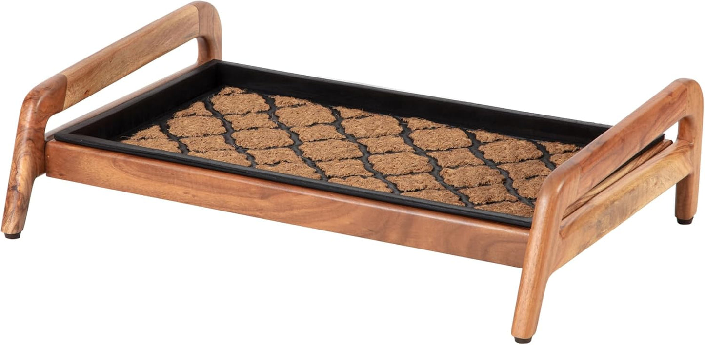 Anji Mountain Heavy Duty Waterproof Wooden Shoe Storage Mat Organizer/Boot Storage Tray Multi Use for Entryway with Coir, Tan Rectangle Embossed Insert, 1 Tier, Fits 2 Pair (26.5" Wide)