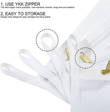 TENRAI Delicates Laundry Bags, Bra Fine Mesh Wash Bag for Underwear, Lingerie, Bra, Pantyhose, Socks, Use YKK Zipper, Have Hanger Loops, Small Openings (White, 3 Small)