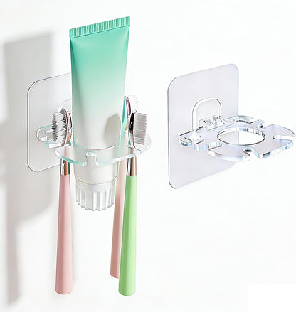 Wall Mounted Toothbrush Holder 2 Pack, No Drill Self Adhesive 6 Slots Clear Waterproof Bathroom Organizer for Electric Toothbrush