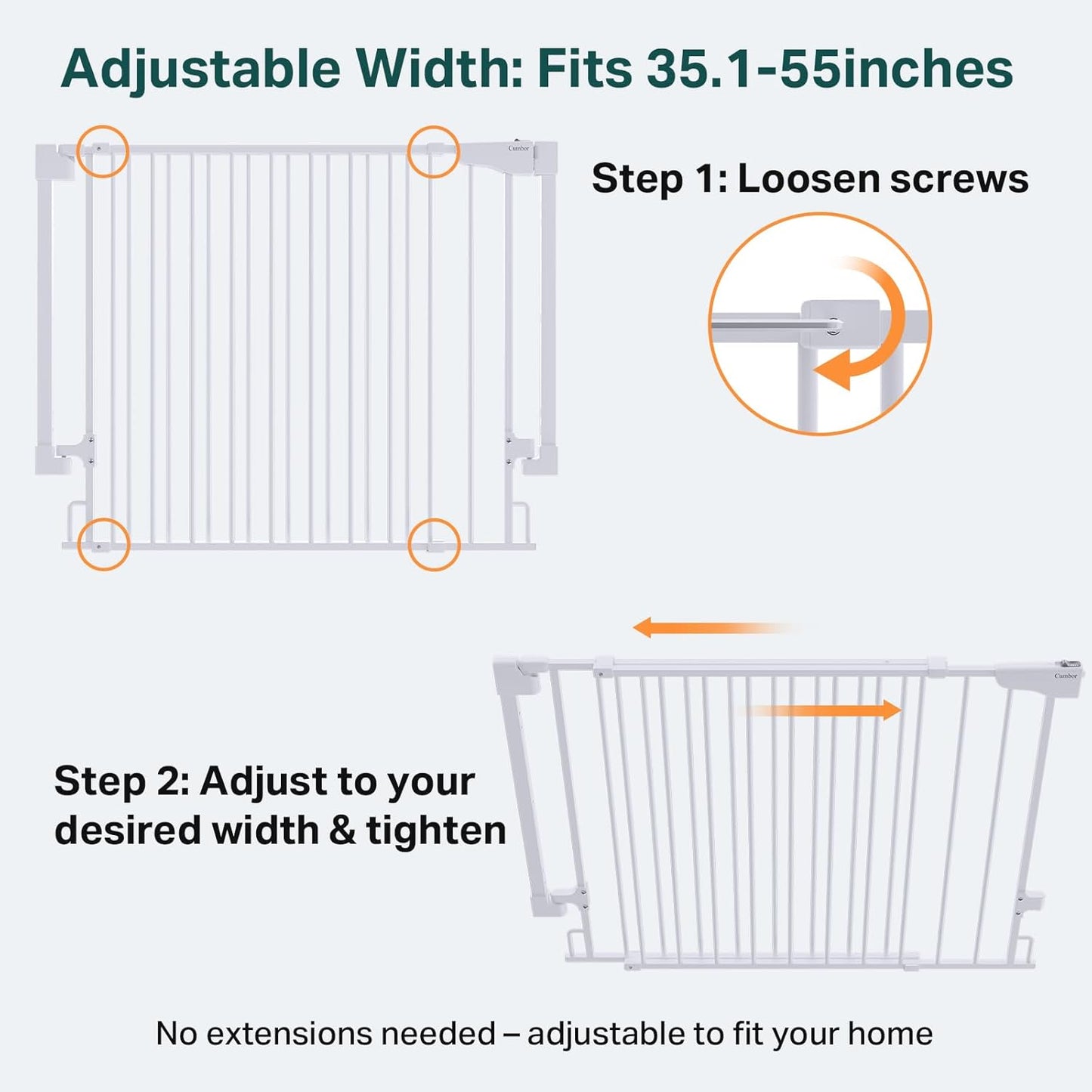 Cumbor 29.2–43" Baby Gate for Stairs, Hardware Mounted (Drill Required), Expandable No Bottom Bar Dog Gate, Auto Close Extra Wide Walk Thru, Pet & Toddler Proof Gate, Top & Bottom of Stairways (White)