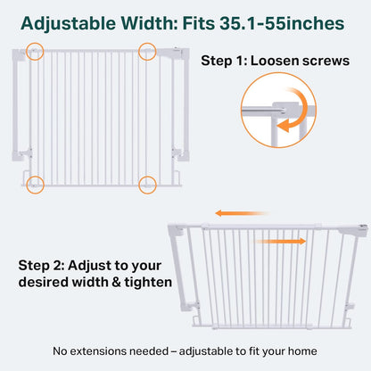 Cumbor 29.2–43" Baby Gate for Stairs, Hardware Mounted (Drill Required), Expandable No Bottom Bar Dog Gate, Auto Close Extra Wide Walk Thru, Pet & Toddler Proof Gate, Top & Bottom of Stairways (White)