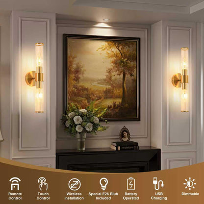 Morauroral Gold Battery Operated Wall Sconces Set of Two, Rechargeable Wall Sconce with Dimmable Remote Control, 20 Inch Wireless Sconce Wall Light for Bedroom, Living Room (Bulbs Included)