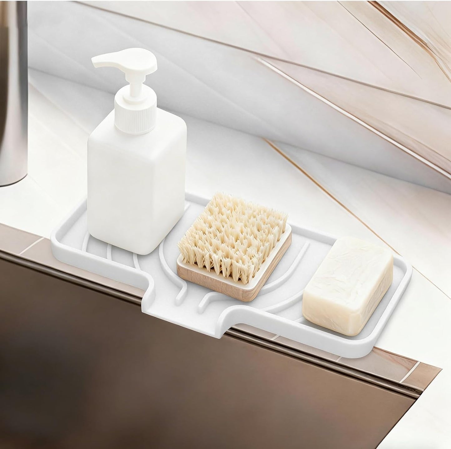 GUUKIN Sponge Holder for Kitchen Sink, Sink Caddy and Soap Tray | 10x4 inch Kitchen Sink Organizer | Compatible with Scrub Daddy, Kitchen Sink Accessories (Grey)