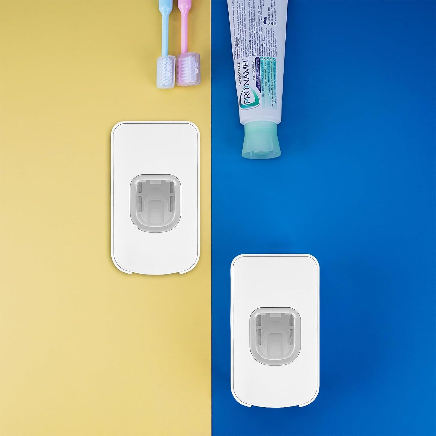 2 Slot Toothbrush Holder and Toothpaste Dispenser Wall Mounted, Automatic Toothpaste Squeezer, 2 in 1 Tooth Brush Toothpaste Organizer for Shower (Grey)