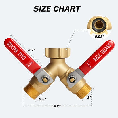 Garden Hose Splitter 2 Way Heavy Duty Brass, Full Flow Hose Bib Y Valve, 3/4" GHT Outdoor Faucet Splitter with Easy-Turn Long Handles and Washers