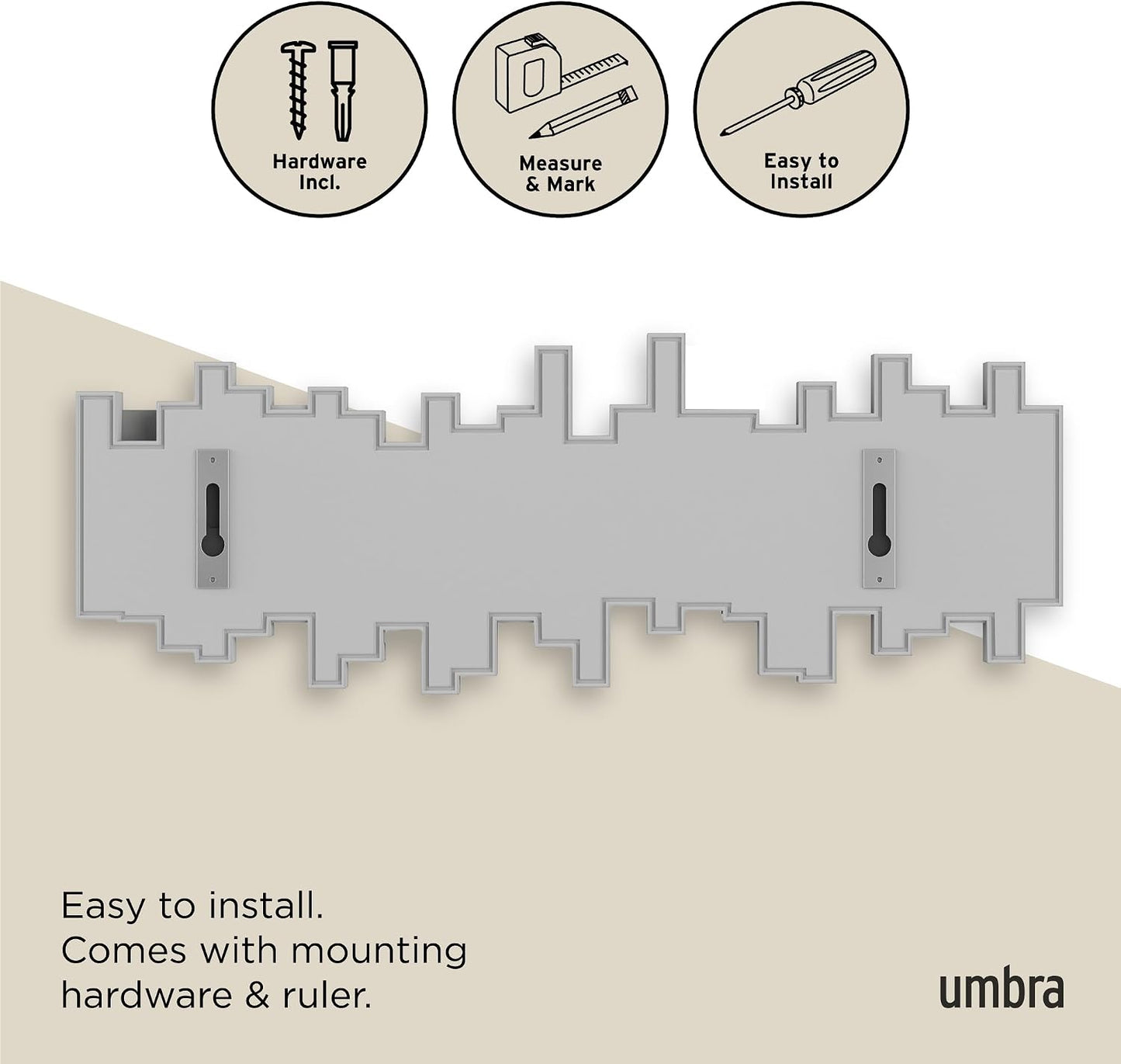 Umbra Sticks Wall-Mounted Coat Rack Rail Hook with 5 Retractable Pegs – Modern, Space-Saving Storage Organizer, Black