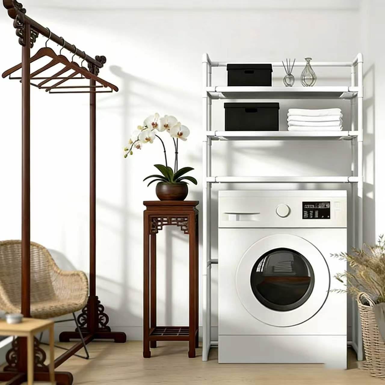 Heavy Duty Adjustable Metal Laundry Organizer, Space-Saving Over Washer & Dryer Storage Shelf for Bathroom, Balcony & Utility Room(White)