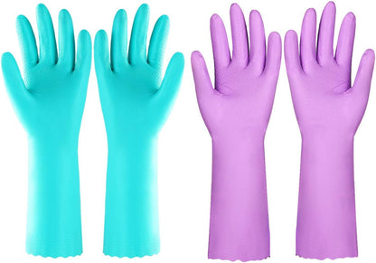 Elgood Reusable Long Sleeve Dishwashing Cleaning Gloves with Latex Free,Cotton Lining,Kitchen Gloves 2 Pairs,Purple+Blue M