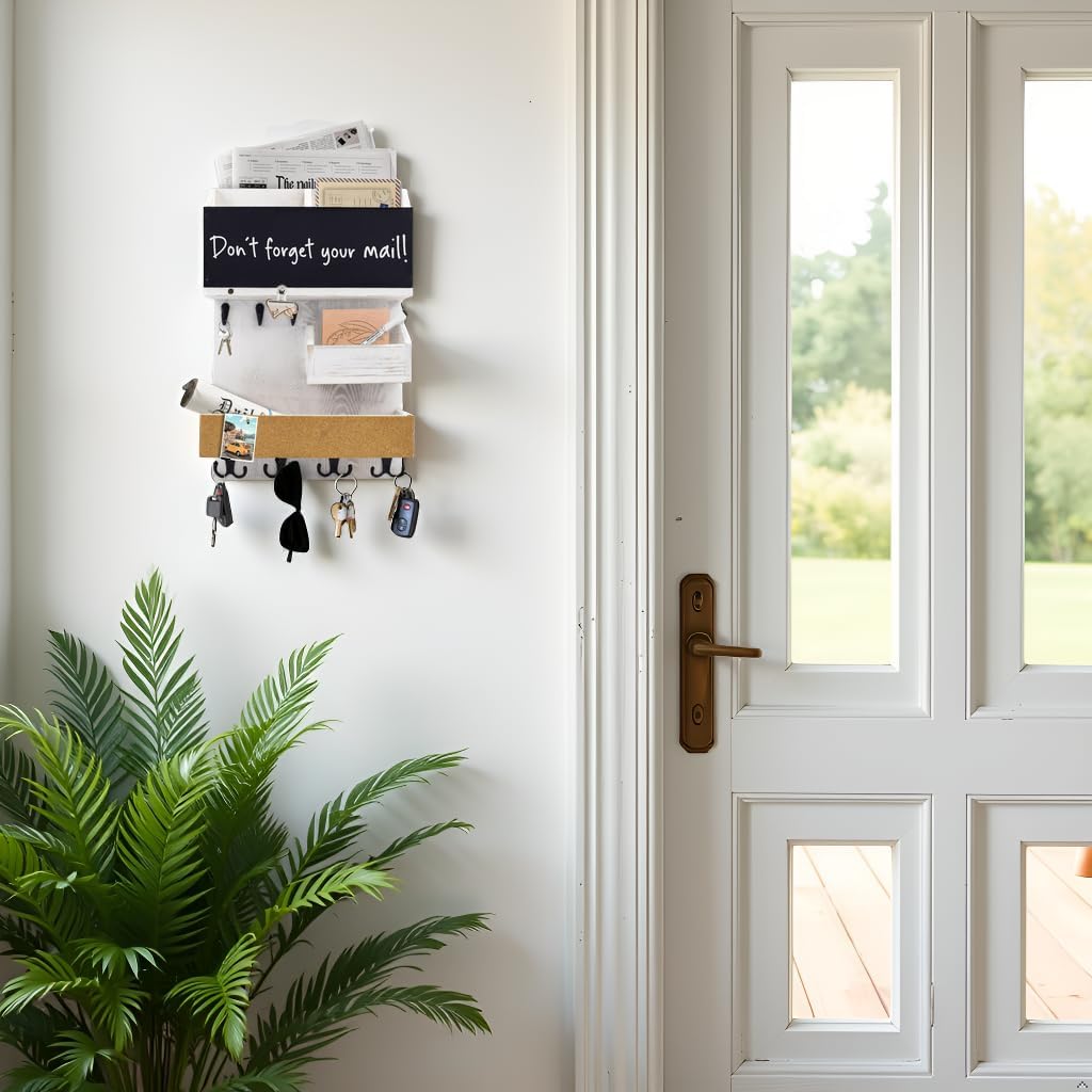 Key Holder for Wall Mount with Shelf and Mail Organizer, Key and Mail Holder with 16 Hooks, Farmhouse Entryway Organizer, Home Decor Rack (Pine Wood, Black)
