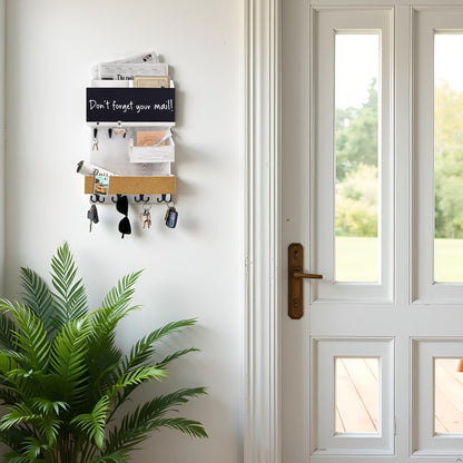 Key Holder for Wall Mount with Shelf and Mail Organizer, Key and Mail Holder with 16 Hooks, Farmhouse Entryway Organizer, Home Decor Rack (Pine Wood, Black)