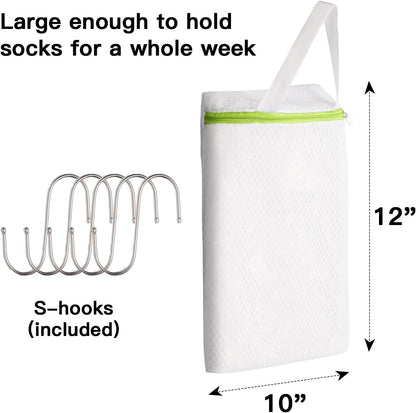 3 PACK Hanging Mesh Laundry Bags with S Metal Hooks,10x12 Inch Hanging Socks Laundry Bags, for Washing Machine