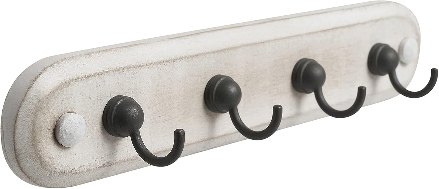 Spectrum Farmhouse Key Holder Wall Mount Rack for Entryway Garage Mudroom Hanging Organization, Easy Install Rustic Key Ring Holder Rack for Keychains Rings & Fobs, White Washed with Black Hooks