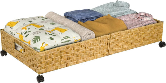 Under Bed Storage Containers with Wheels, 31.5” Large Handwoven Rattan Rolling UnderBed Storage Bins, Tool-free Assembly Natural Under The Bed Organizer Drawers for Bedroom, Sheets Clothes Blankets