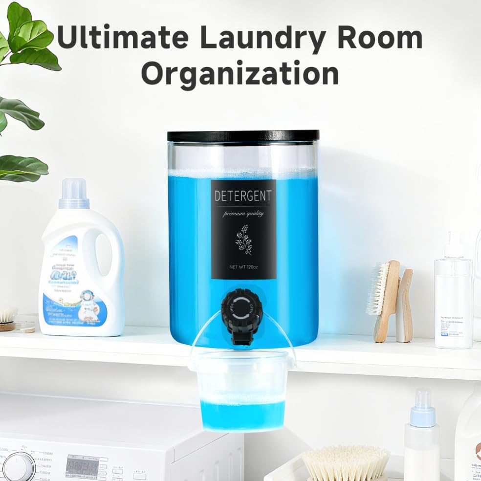 Glass Laundry Detergent Dispenser with Shelf & Bamboo Lid - 120 Oz Liquid Detergent, Laundry Soap & Fabric Softener Dispenser for Laundry Room Organization and Storage with 2 Cups & 8 Labels