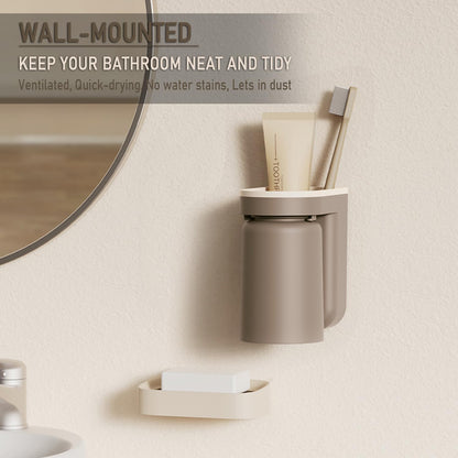 Toothbrush Holder Wall Mounted with Cup,2-in-1 Toothbrush Holders & Cups Set,Inverted Design for Easy Cleaning and draining,Stick-on Toothbrush Holder for Bathroom (4 Pack)