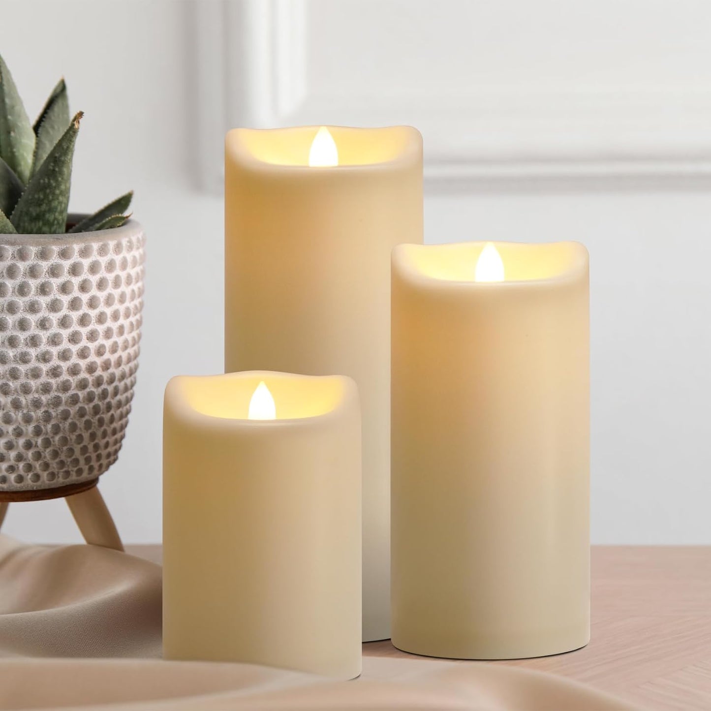 Flameless Flickering Candles with Remote and Timers, 1000 Hours Waterproof Outdoor Indoor Battery Operated LED Pillar Candles, Ivory Plastic, Set of 3(D 3" x H 4" 5" 6")