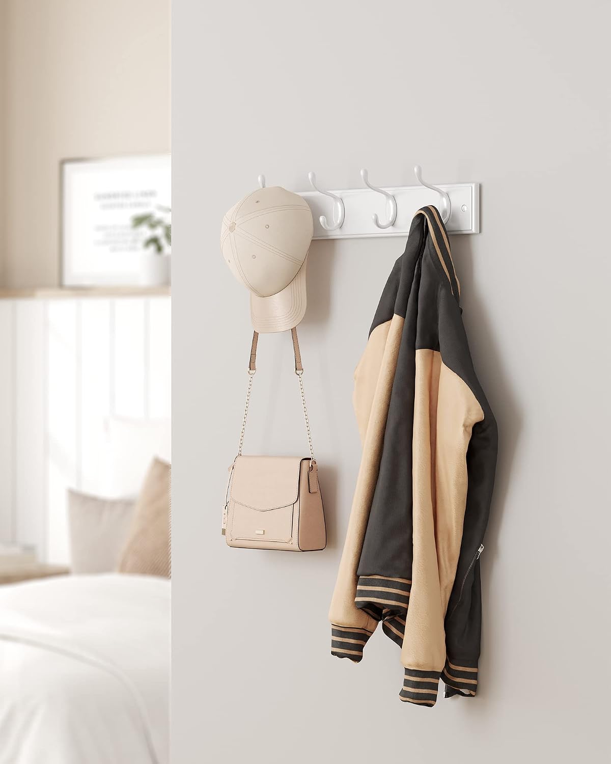 SONGMICS Wall-Mounted Coat Rack, Hook Rack, 4 Dual Metal Hooks, White | For Coats, Bags, Keys, in the Entryway, Bedroom, Living Room ULHR23WT