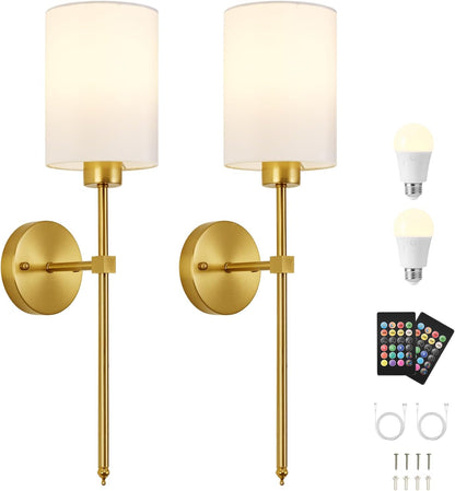 Battery Operated Wall Sconces Set of Two,Wireless Rechargeable Wall Light With Remote Control, Dimmable, Amber Light/Warm White/Natural White/Daylight/RGB, Timer,for Living Room,Bedroom,Entryway,Gold