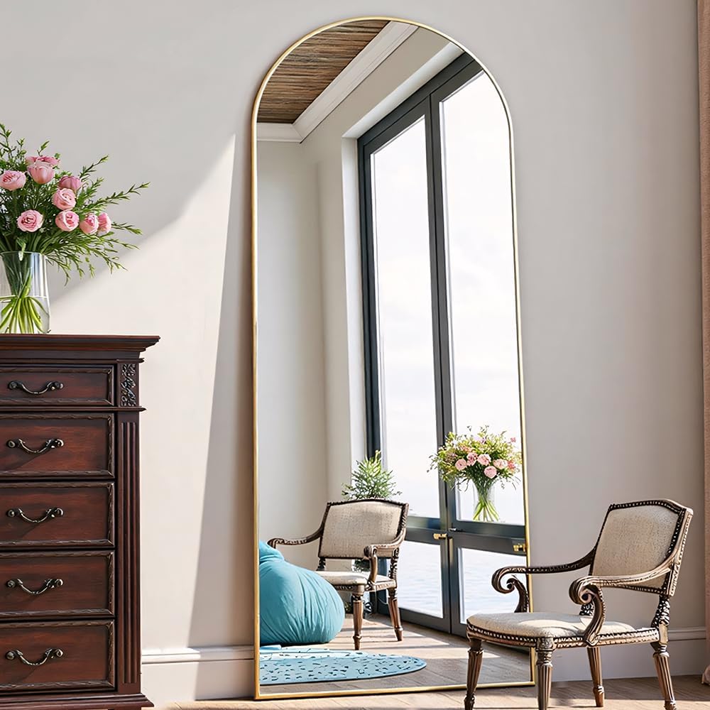 OGCAU Floor Full Length Mirror, 56"x20" Arched Full Body Mirror, Hanging or Leaning, Standing, Wall Mounted with Aluminum Frame for Bedroom Living Room, White