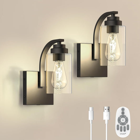 Battery Operated Wall Sconce Set of 2 with Remote Control, Rechargeable Wireless Led Glass Wall Lamp Indoor, Cordless Wall Light Fixtures Wall Mount for Bedroom Bathroom Hallway Farmhouse, Black