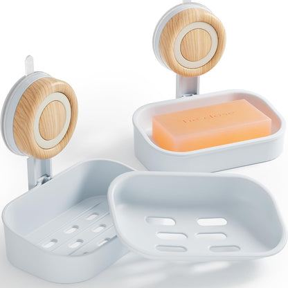 Double Layer Soap Dish for Shower 2 Pack, Wall Mounted Bar Soap Holder Suction Cup 2 Layer Self Draining Soap Case Sponge Holder for Shower Bathroom, Tub and Kitchen Sink, Drill-Free Tray