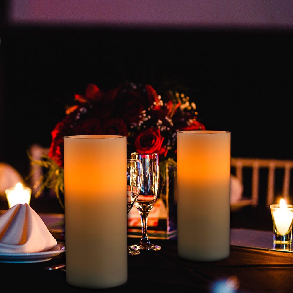 Homemory 9" x 3" Flameless Candles Battery Operated, Flickering LED Pillar Candles with Timers and 2 Remote Controls, Indoor Only, Flat Top, Ivory White Wax, Set of 2
