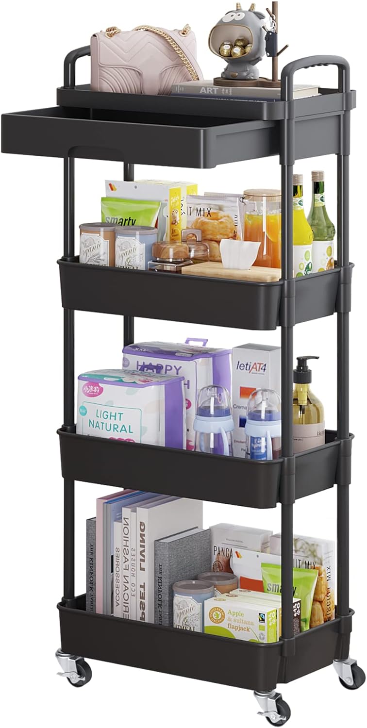 Calmootey 3-Tier Rolling Utility Cart with Drawer,Multifunctional Storage Organizer with Plastic Shelf & Metal Wheels,Storage Cart for Kitchen,Bathroom,Living Room,Office,White