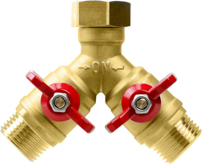 CUMIZON Solid Brass Garden Hose Splitter, 2 Way | Long Handle, 3/4" Standard Threads, Leak-Proof Dual Outlet, Heavy Duty Y Splitter, For Sprinklers and Irrigation Systems