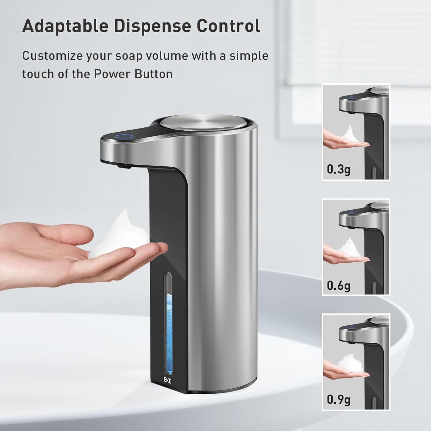 EKO Automatic Foaming Soap Dispenser, Touchless Foam Hand Soap Dispenser for Bathroom and Kitchen, Water-Resistant and Rechargeable, 9 fl oz, Modern Design for Homes and Offices (Stainless)
