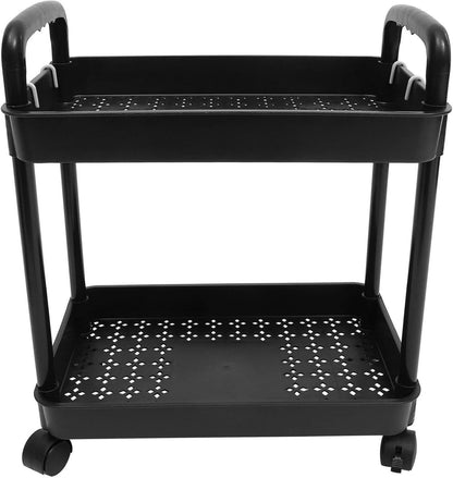 2-Tier Black Rolling Storage Cart with 4 Hanging Hooks - Slim Mobile Utility Cart Organizer, Compact Multi-Functional Narrow Rolling Shelf Rack on Wheels for Kitchen, Bathroom, Laundry Room, Office