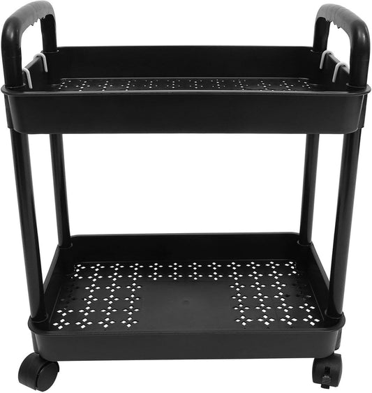 2-Tier Black Rolling Storage Cart with 4 Hanging Hooks - Slim Mobile Utility Cart Organizer, Compact Multi-Functional Narrow Rolling Shelf Rack on Wheels for Kitchen, Bathroom, Laundry Room, Office