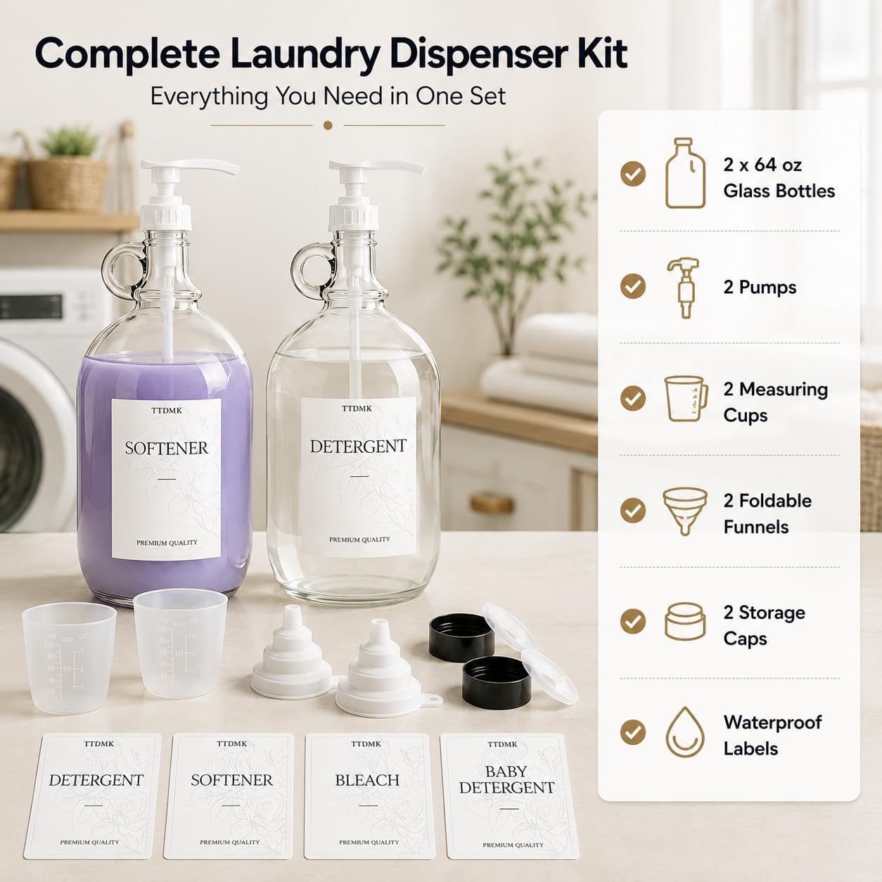 2 Pcs Glass Liquid Laundry Detergent Dispenser, Half Gallon Laundry Soap Dispenser for Laundry Room (64 oz. Each), Laundry Detergent Bottles with Pump Dispenser -Includes Labels, Funnel, Measuring Cup