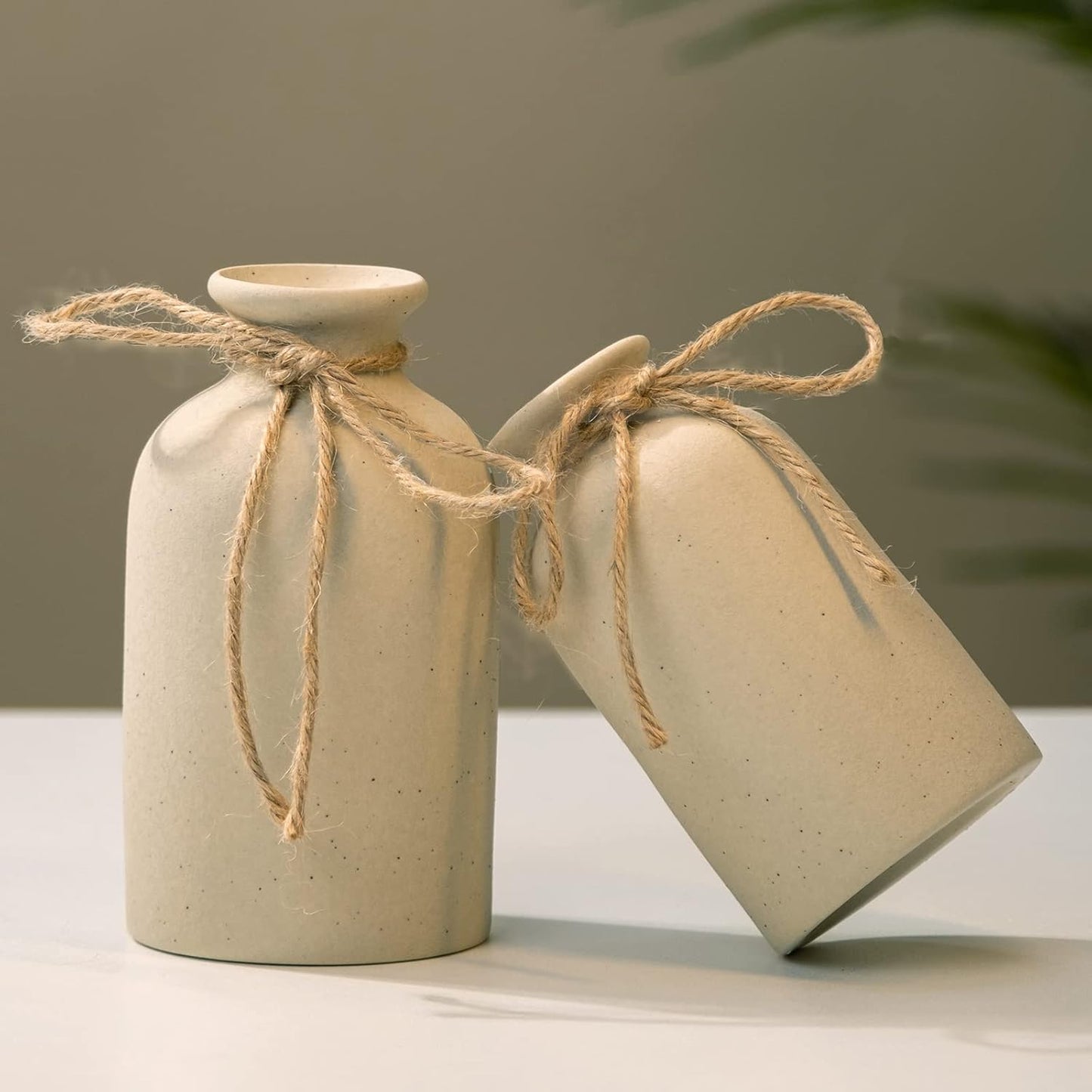 Hirdbrote Small Ceramic Vases for Decor, 2-Piece Set - Flower Vases, Modern Farmhouse & Rustic Home Decor, Wedding & Kitchen Centerpiece (5.5' & 4.7' Tall) (White)