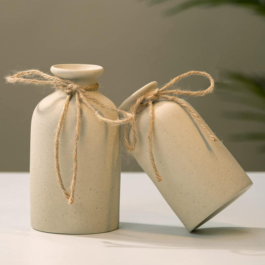 Hirdbrote Small Ceramic Vases for Decor, 2-Piece Set - Flower Vases, Modern Farmhouse & Rustic Home Decor, Wedding & Kitchen Centerpiece (5.5' & 4.7' Tall) (White)