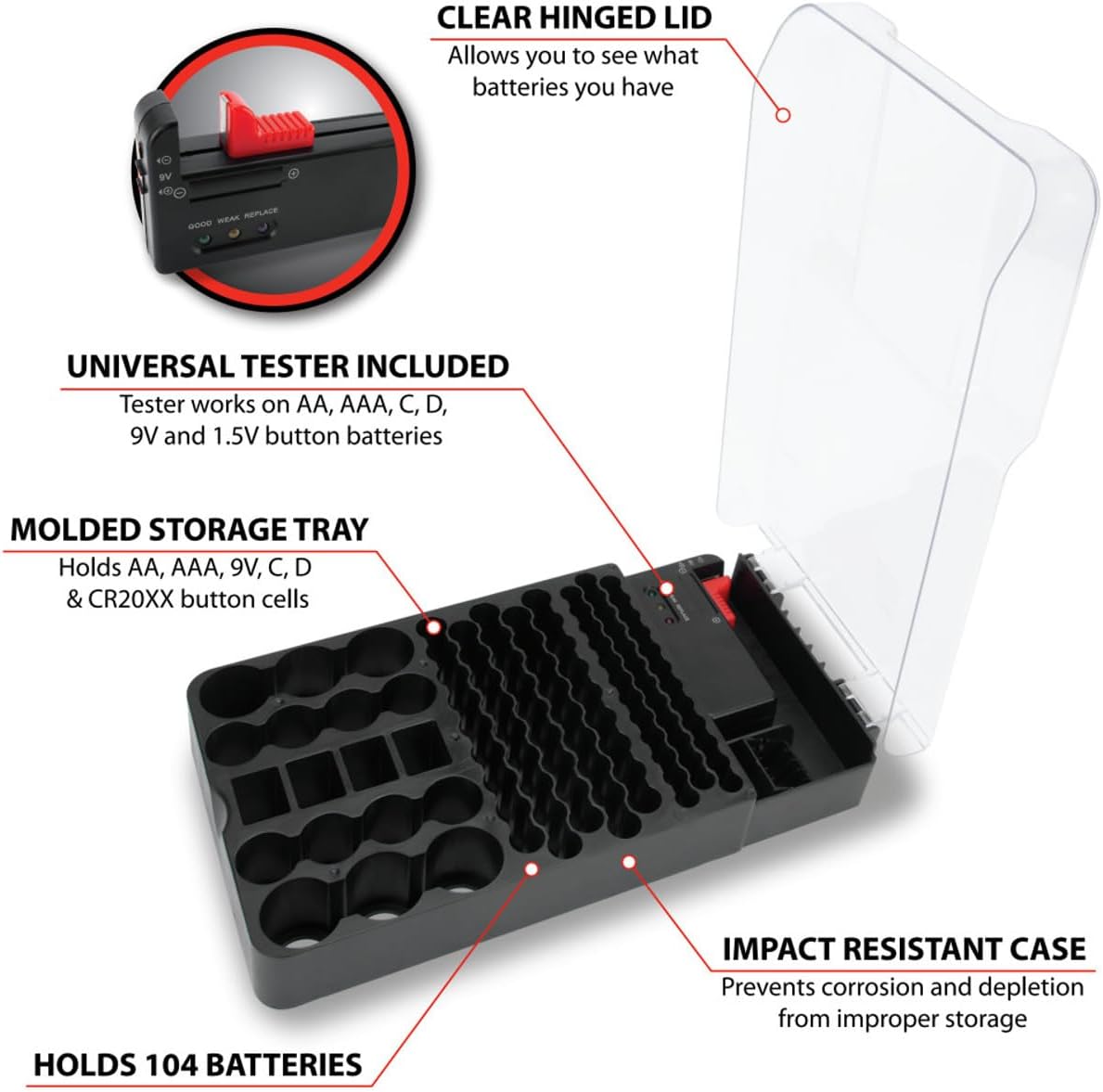 Performance Tool W3001 104 Slot Battery Organizer with Removable Tester - Keep Your Batteries Neatly Stored and Corrosion-Free