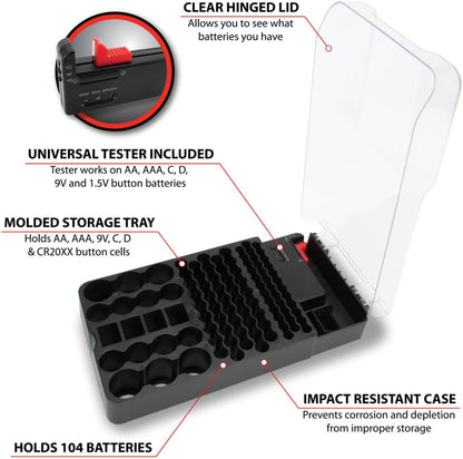 Performance Tool W3001 104 Slot Battery Organizer with Removable Tester - Keep Your Batteries Neatly Stored and Corrosion-Free