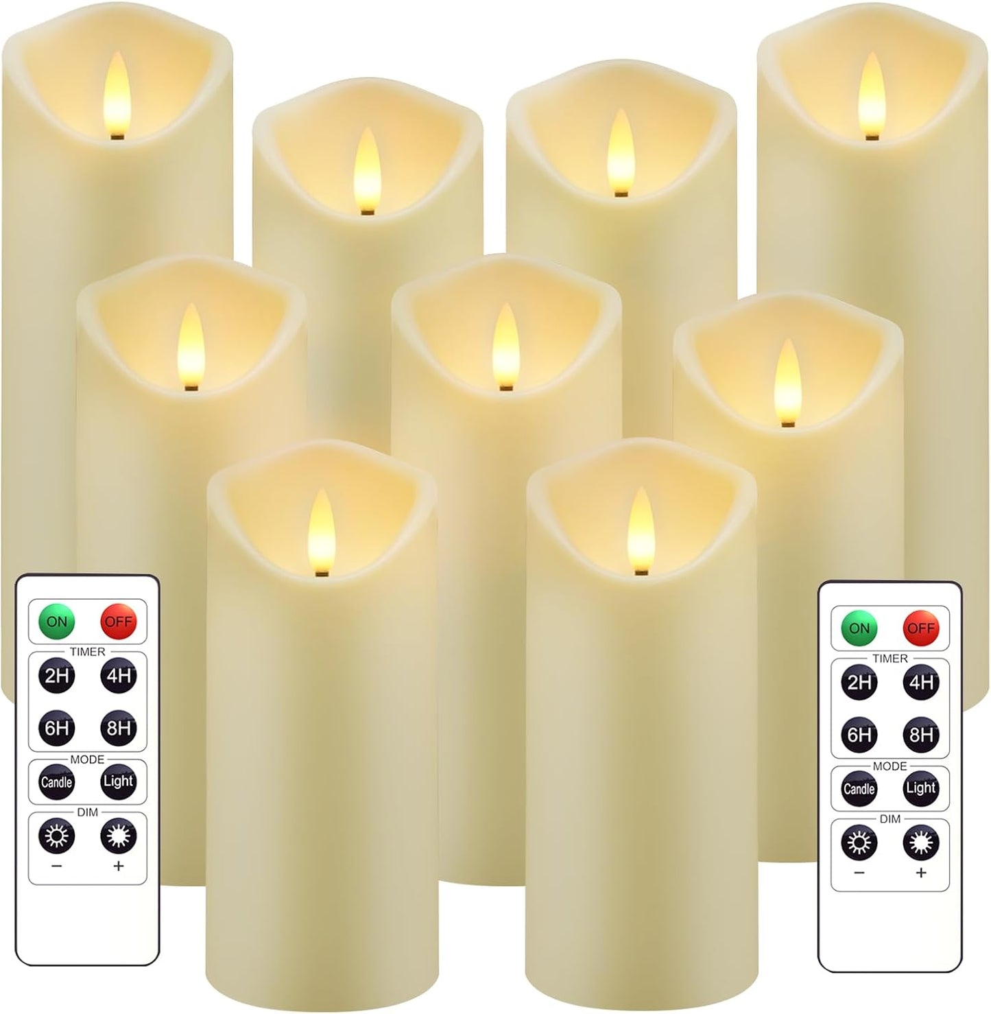 kakoya Flickering Flameless Candles Battery Operated with Remote and 2/4/6/8 H Timer Plexiglass Led Pillar Candles Pack of 9(D2.3 xH5.5 6.5" 7.5") with Realistic 3D Wick Candles for Home Decor(Ivory)