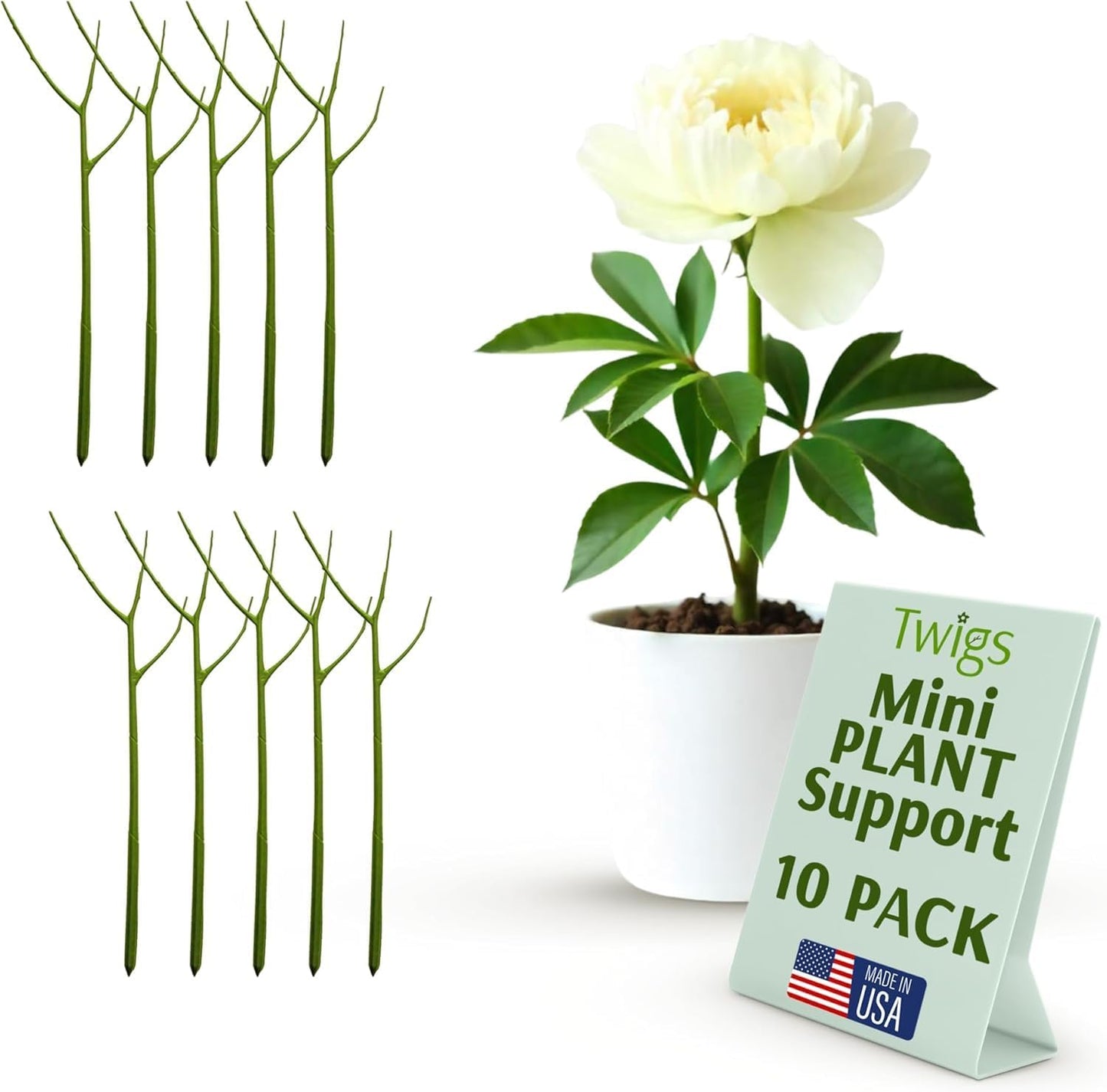 Twigs GA Mini Plant Support Stakes, Peony Light Green, 10-Pack, 12" L | Made in USA, UV-Protected Poles, Natural-Looking Stem Support Stakes, Stick Structures for Young Flowers & Vases up to 2ft