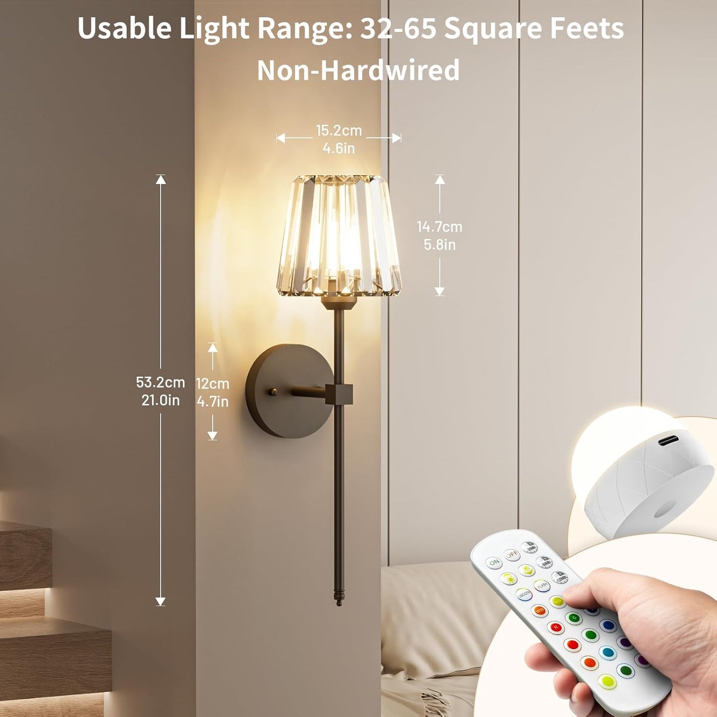 Crystal Battery Operated Wall Sconces Set of 2, Gold Rechargeable Wireless Wall Sconce Lights with Crystal Lampshade, 12 RGB and 3CCT Dimmable Wall Lamps with Remote for Bedroom Living Room Hallway