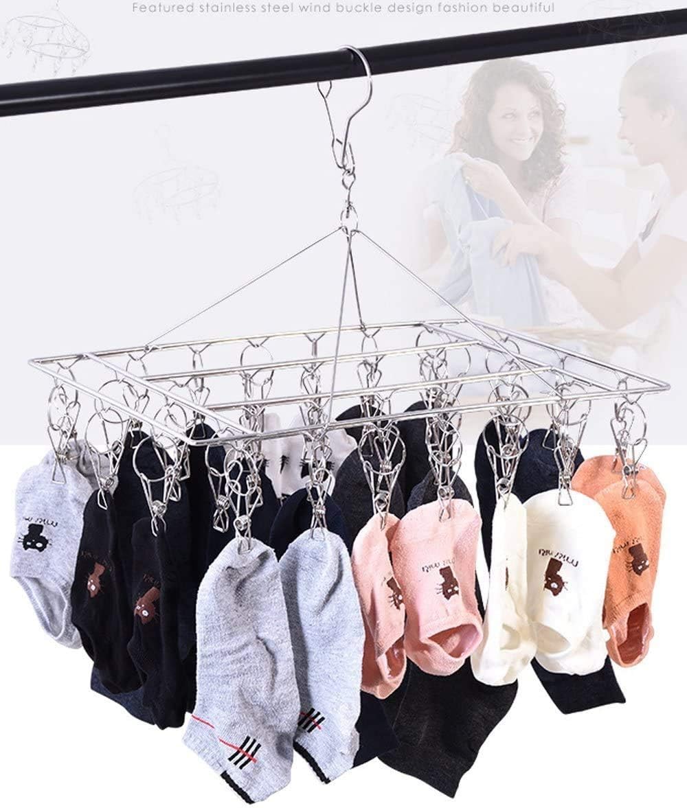 Stainless Steel Sock Drying Rack with 36 Clips, Swivel Hook Wind-Proof Clothes Hanger Rack for Sock, Bras, Underwear, Laundry Accessories
