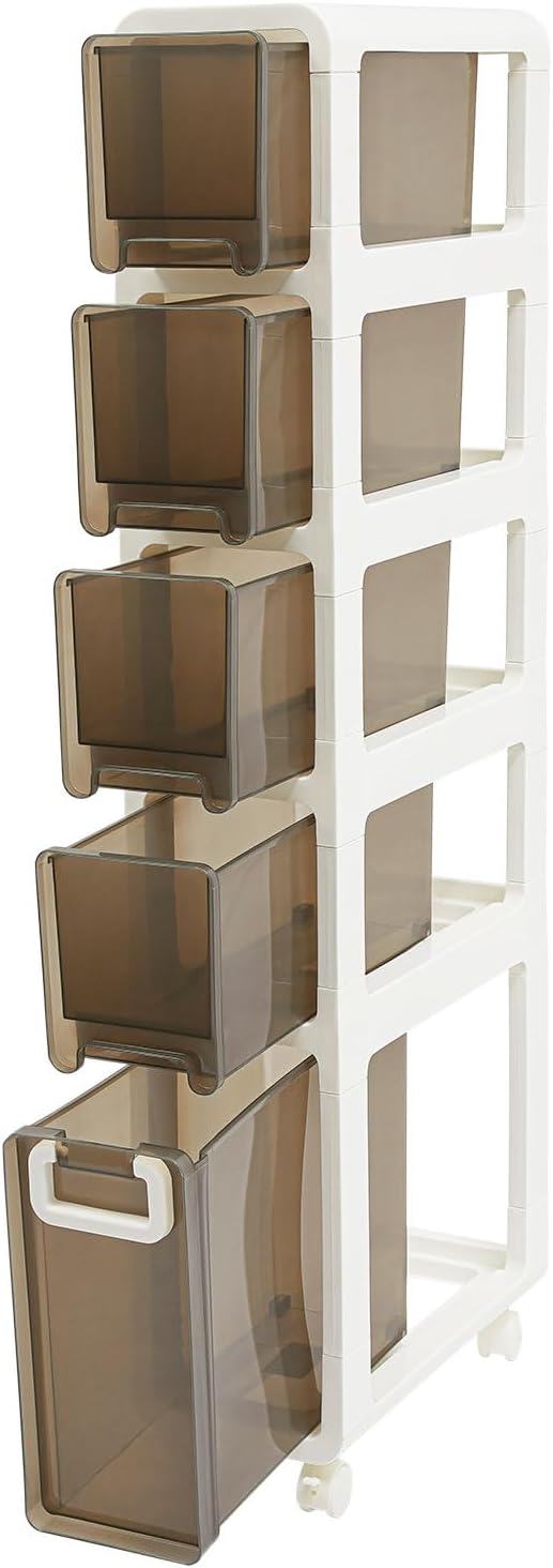 5-Tier Slim Bathroom Storage Cabinet,Narrow Floor Cabinets with Drawers and Wheels,Rolling Narrow Organizer for Small Spaces,Kitchen,Laundry,7.9”W