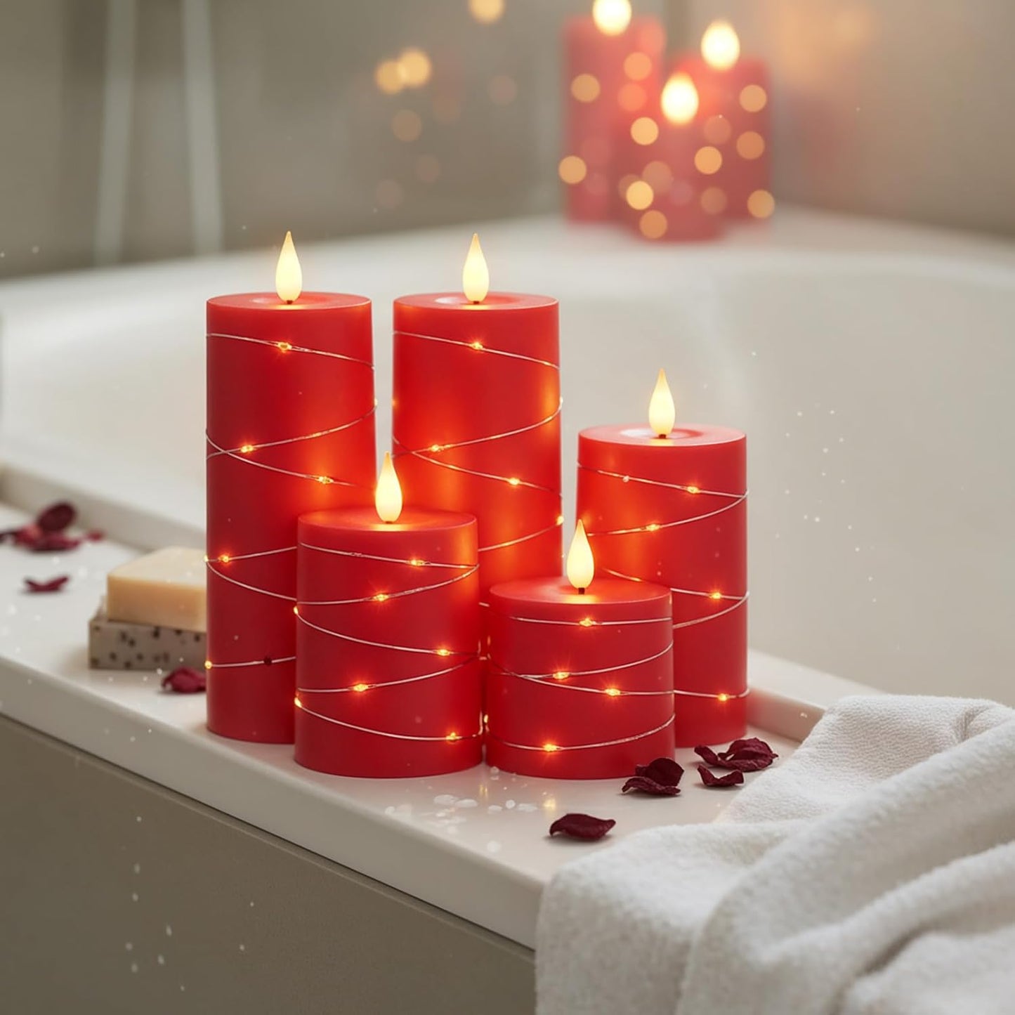 Raycare Flameless Candles with Remote Timer, Flickering Battery Operated LED Pillar Fake Candle with String Lights for Home Decor, Christmas, Wedding and Gift, White, Set of 3