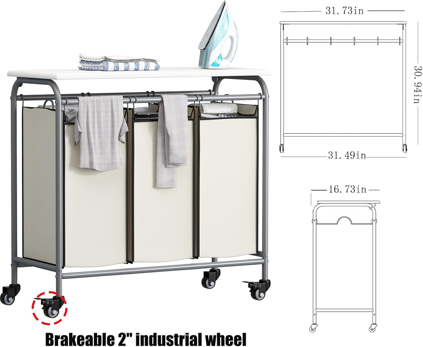 LINZINAR 3-Bag Laundry Hamper, Black Laundry Basket, 35.6 Gal(135 L) Laundry Sorter Cart Laundry Room Organization with Heavy Duty Rolling Lockable Wheels and Removable Bags