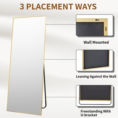 VooBang Mirror Full Length - 21" x 57" Floor Mirror with Stand, Aluminum Alloy Frame Full Body Mirror, Standing Hanging or Leaning Against Wall for Bedroom and Living Room, Black
