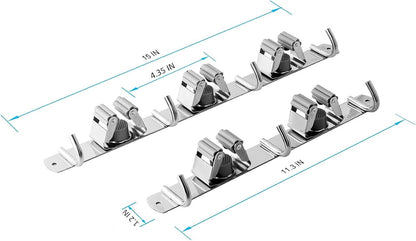 Broom and Mop Holder Wall Mounted, Broom Hanger Storage Rack, Stainless Steel Mop Hanger, Dustpan Holders with 2 Racks and 3 Hooks, Heavy Duty utility hooks for hanging brooms and mops