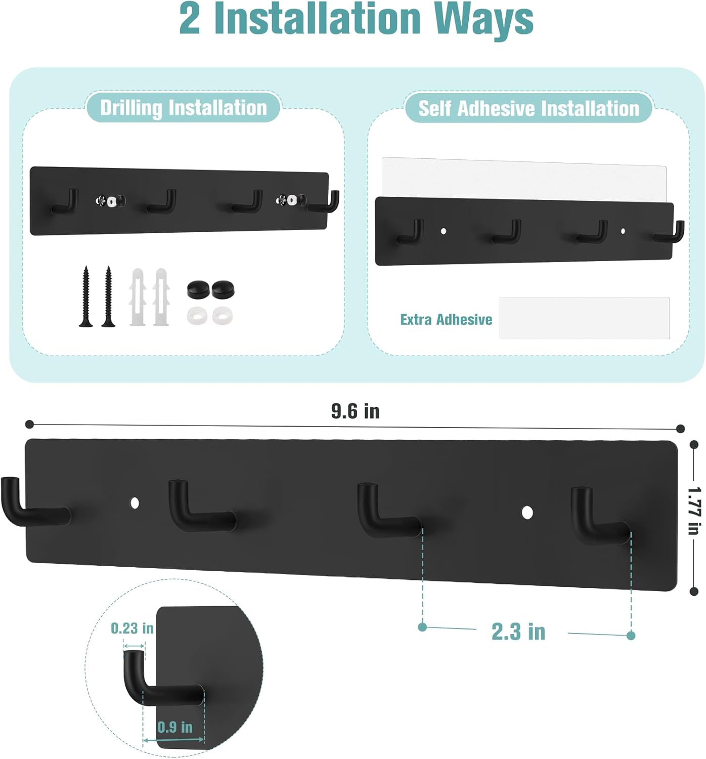 RELBRO Key Holder Wall Mount, Large Metal Self Adhesive Key Rack with 4 Hooks, 2 Installation Options, Black