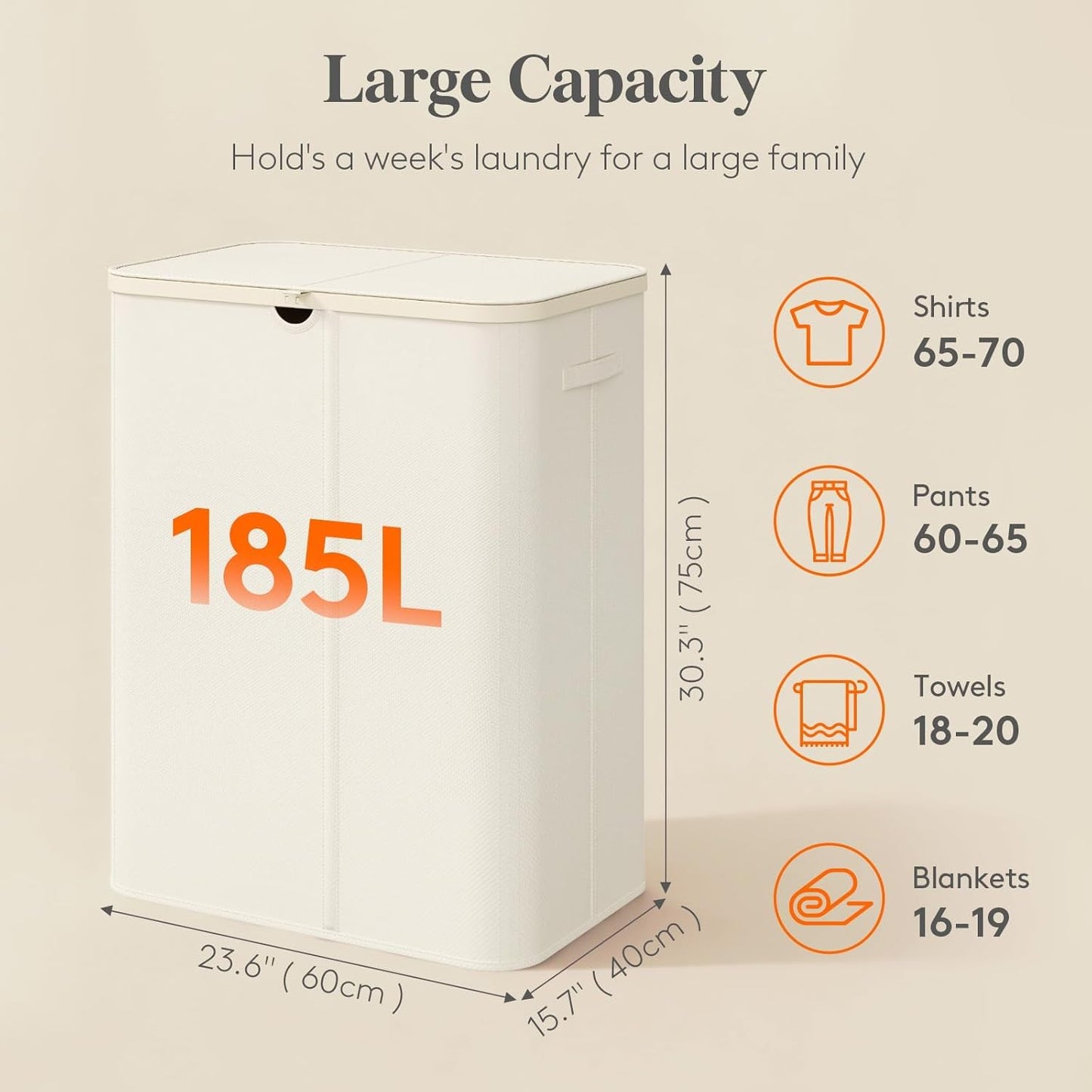 Lifewit 185L 3 Section Laundry Hamper with Lid, Large Laundry Basket with Handles and Removable Bags, Tall Clothes Hamper, Foldable Laundry Sorter for Bedroom Bathroom, Beige