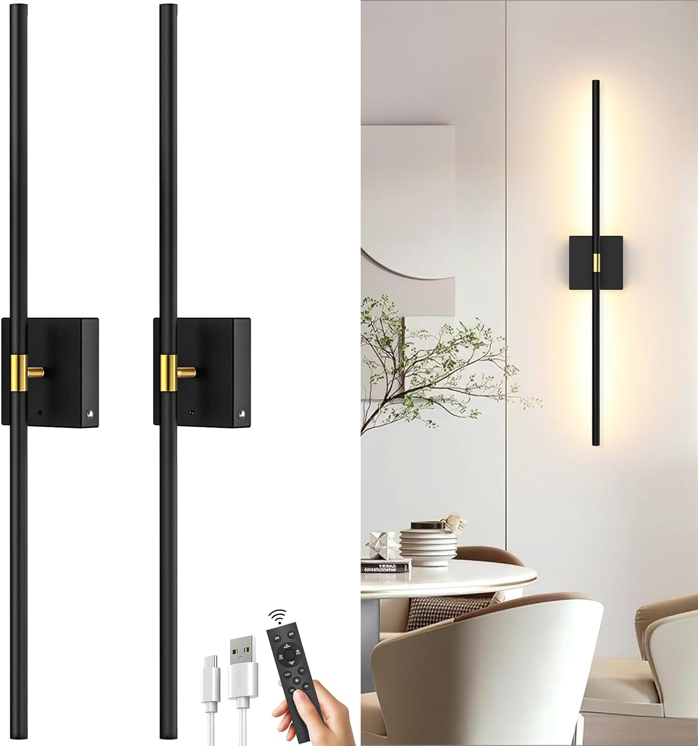 iThird Battery Operated Wall Sconce Set of 2: Rechargeable Wall Lights Wireless Sconces with Touch and Remote, 360° Rotate Magnetic Wall Scone Lighting Decor for Bedroom Living Room Hallway, 31.7Inch