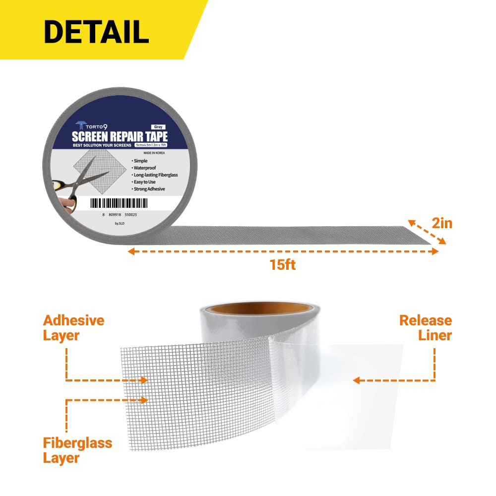 TORTO9 Window Screen Repair Kit, 3-Layer Strong Adhesive & Waterproof Tape Fiberglass Covering mesh (Black, 2 Inch x 6.5 FT)
